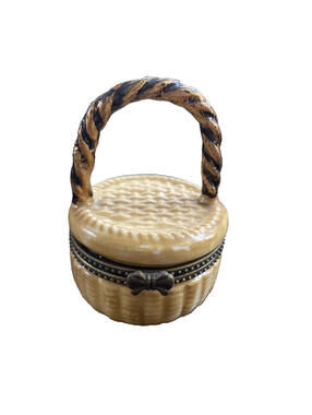 Vintage Darice Mini Porcelain Beige Basket Trinket Box
